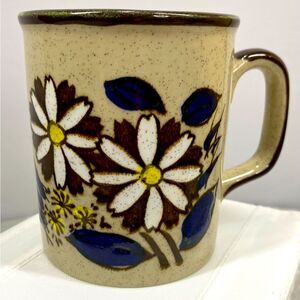 Stoneware Coffee Cup White Brown Cobalt Blue Flower Green Interior Mug Vtg 70s